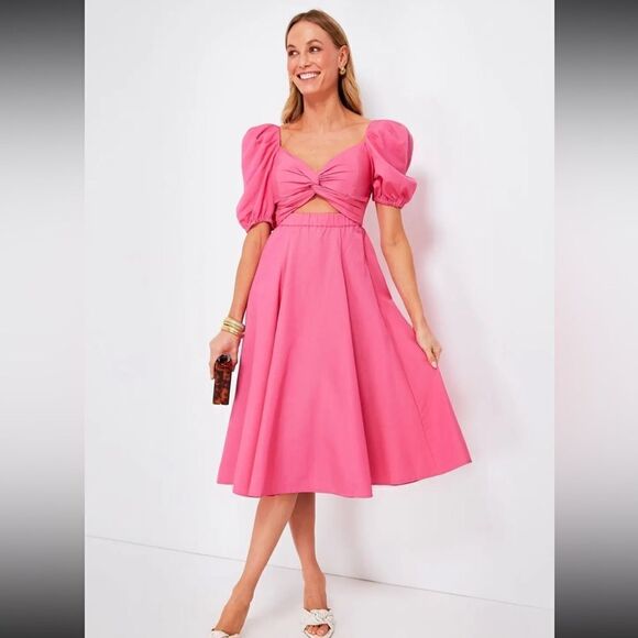 Kate Spade pink twist bodice midi dress puff sleeve cut out 14 - Picture 2 of 7